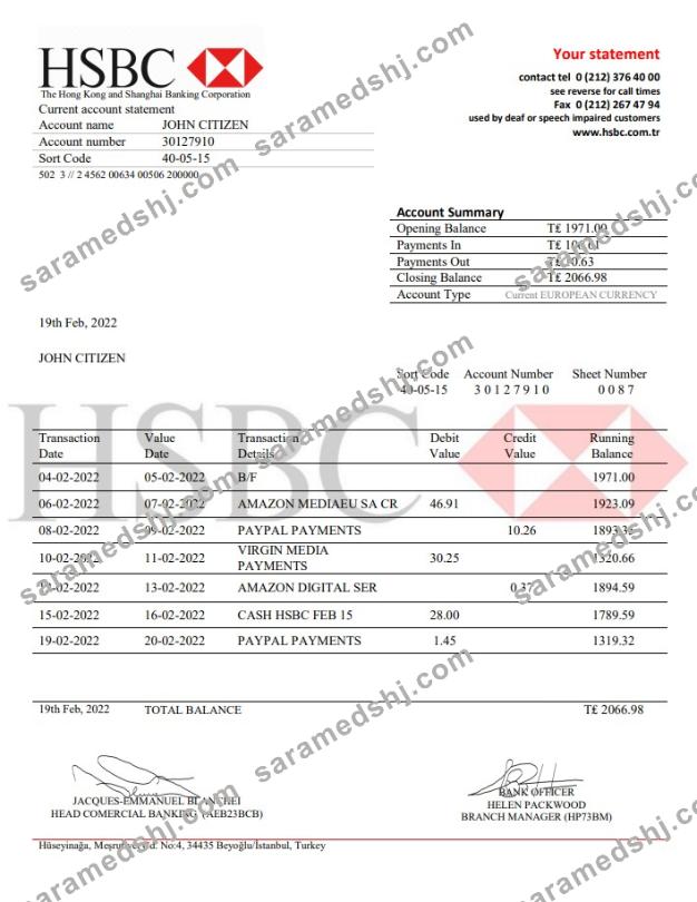 Turkey HSBC bank statement